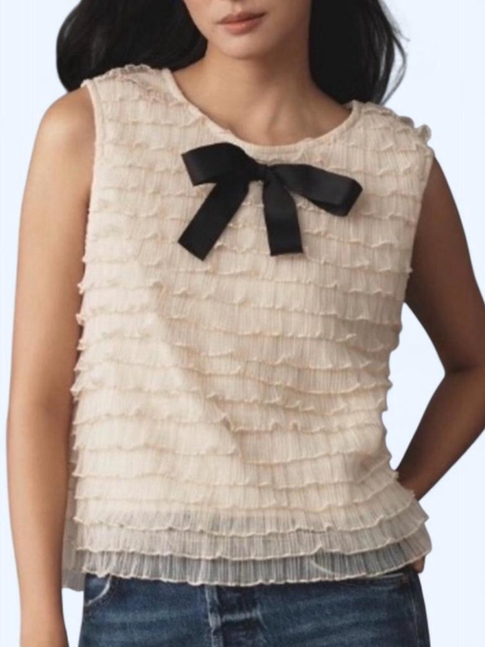 NWT Anthropologie Butter Yellow Sleeveless Ruffle Top with Black Bow